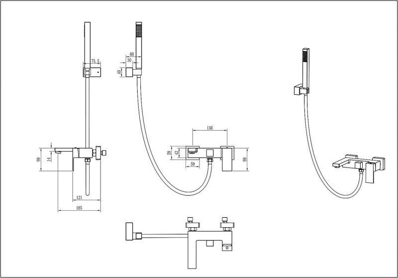 Смеситель для ванны Boheme Qubic Nickle Brush 