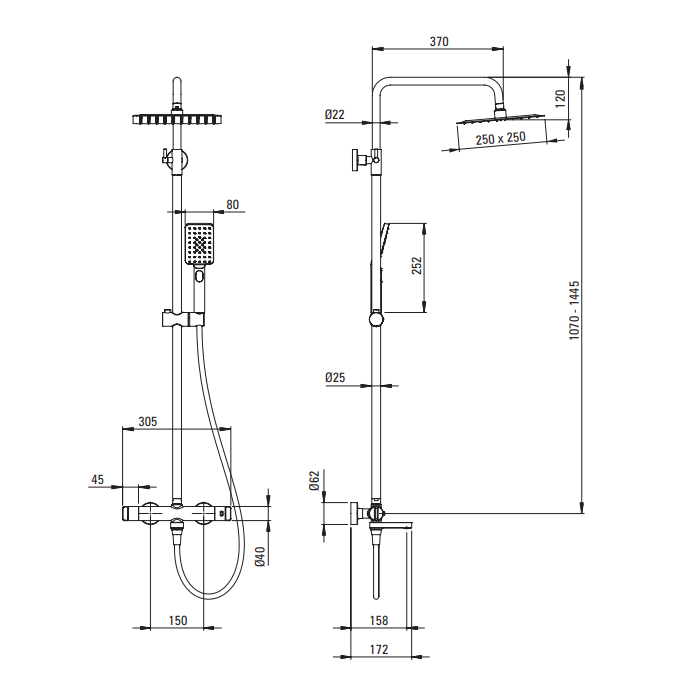 Deante Steel Душевая колонна с термостатическим смесителем для ванны с поворотным изливом, браш. сталь