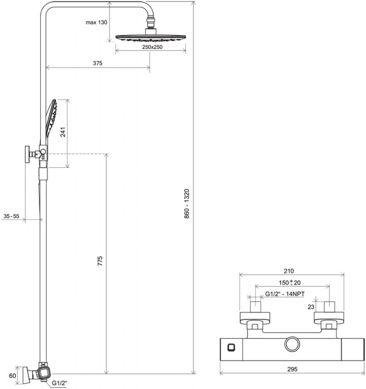 ДУШЕВАЯ СТОЙКА С ТЕРМОСТАТОМ RAVAK TD F 091.20/150, ЧЕРНЫЙ матовый