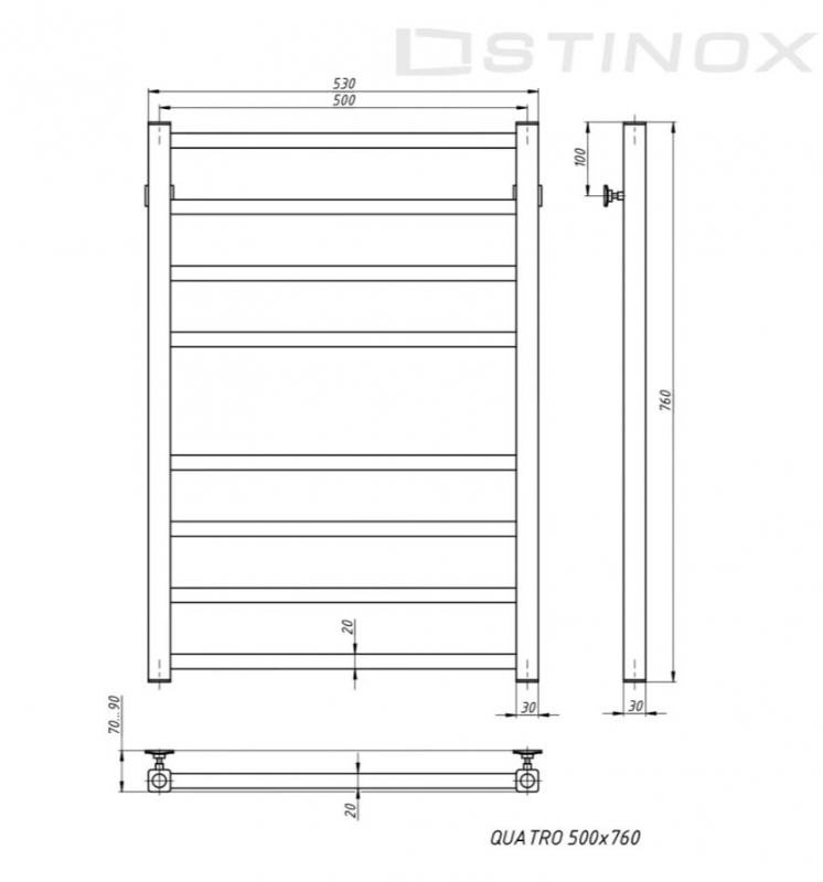 Полотенцесушитель электрический STINOX QUATRO 500x800, ТЭН NEX со скрытым монтажем