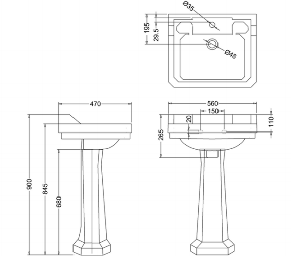 BURLINGTON Jet РАКОВИНА  Edwardian 56 СМ НА 1 ИЛИ 3 ОТВЕРСТИЯ С ПЬЕДЕСТАЛОМ, ЦВЕТ ЧЁРНЫЙ
