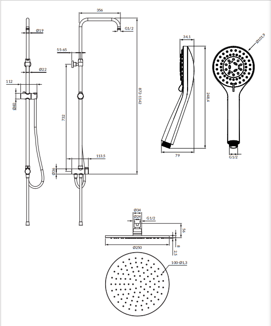 Душевая система наружного монтажа Omnires Y без смесителя, цвет черный