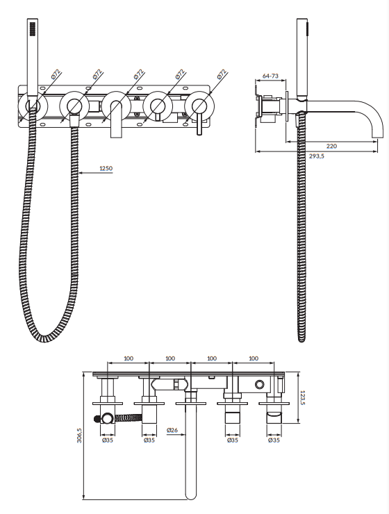 Смеситель для ванны Omnires Y скрытого монтажа на 5 отверстий цвет черный