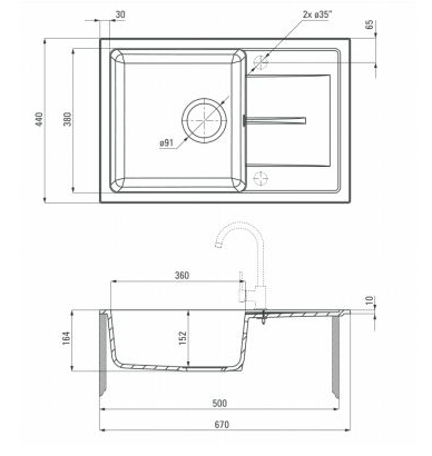 DEANTE LEDA графитовый - мойка 1 чаша с крылом, 670*440*152 мм + сифон