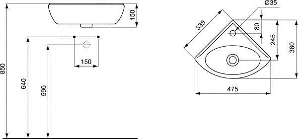 Раковина угловая Ideal Standard Eurovit, 47,5х33,5х36см