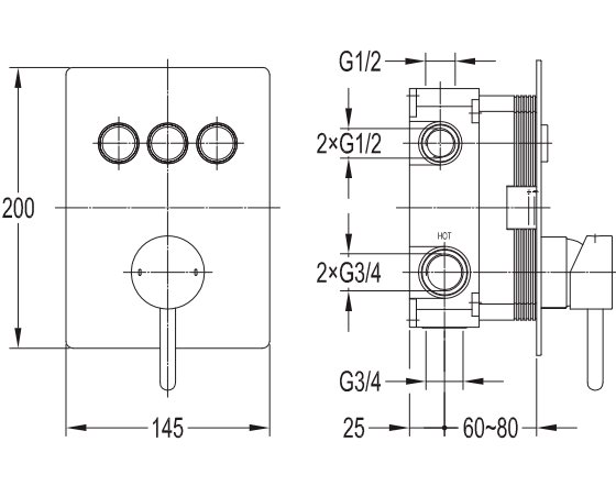 Смеситель для душа Omnires Y на 3 выхода скрытого монтажа, хром