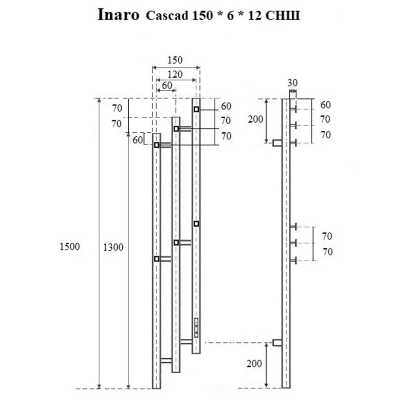 Полотенцесушитель электрический Маргроид Inaro 3 Cascade СНШ 150×6×12 скрытого монтажа, таймер справа