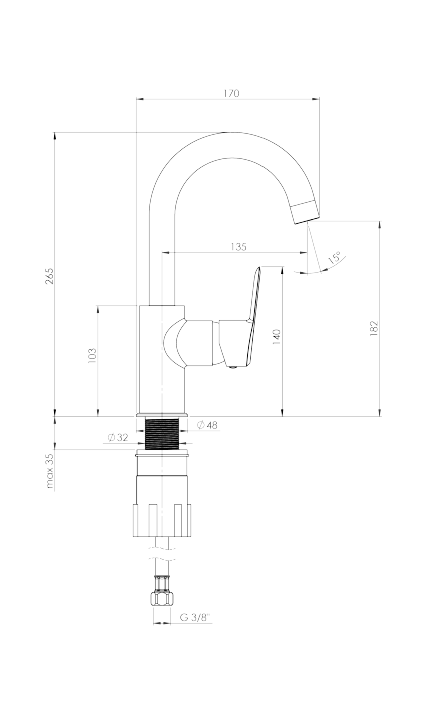 Смеситель Deante Arnika Titanium для раковины вертикальный с изливом U, с донным клапаном Click-Clack, цвет графит