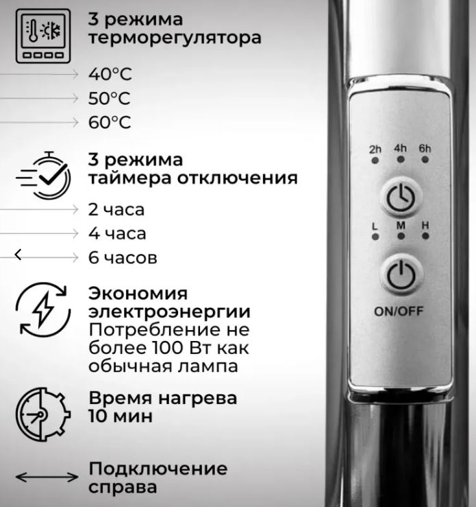 Полотенцесушитель электрический Маргроид Ferrum Inaro СНШ 80×6×12 Графит, скрытого монтажа, таймер справа (4 крючка)