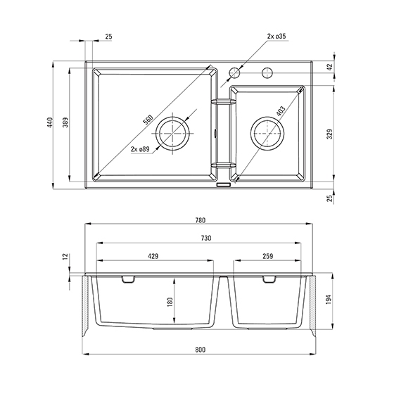 Deante Piva графитовый – мойка 2 чаши , 780x440x180 мм + сифон