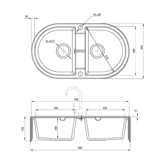 Deante Piva песочный – мойка круглая 2 чаши, 780x440x180 мм + сифон