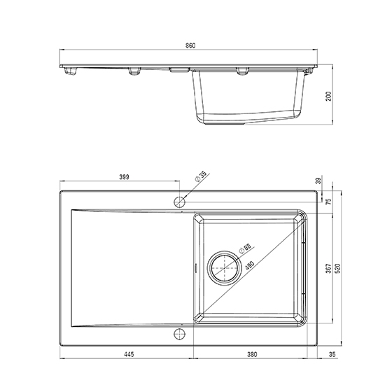 Deante Modern серый металик – мойка 1 чаша с крылом, 860x520x200 мм + сифон SPACE SAVER