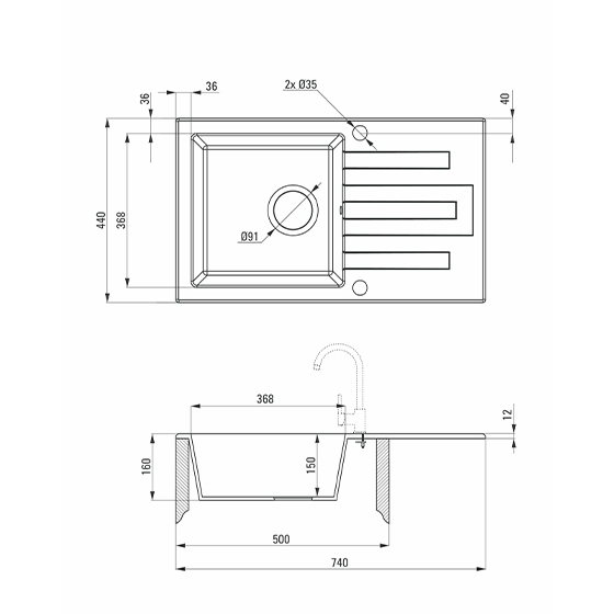 DEANTE LIMA песочный - мойка 1 чаша с крылом, 740*440*150 мм + сифон