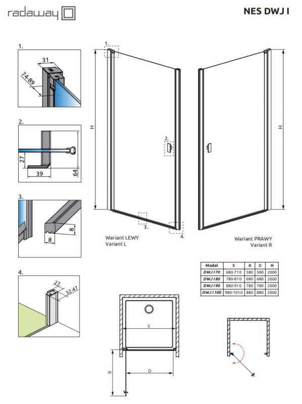 Душевая дверь маятниковая Radaway NES 6 BRUSHED NICKEL DWJ I