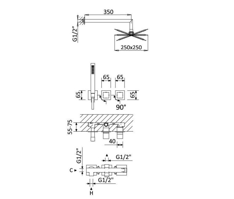 Душевой набор скрытого монтажа с душевой лейкой 250x250 мм  Escudo  Gunmetal
